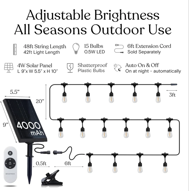 Alt view image 3 of 6 - Ambience Pro Super Bright Solar - 48 Ft Remote Control Outdoor String Lights with Shatterproof Commercial Grade LED S14 Edison Bulbs, Waterproof Patio Light for Deck, 4W Soft White, 15 Bulbs