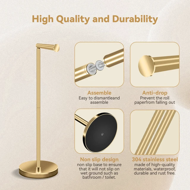Alt view image 3 of 7 - Toilet Paper Holder Stand, Bathroom Free Standing Toilet Paper Holder with Reserve Storage 3-4 Toilet Paper Rolls (Golden) (Pack of 2)