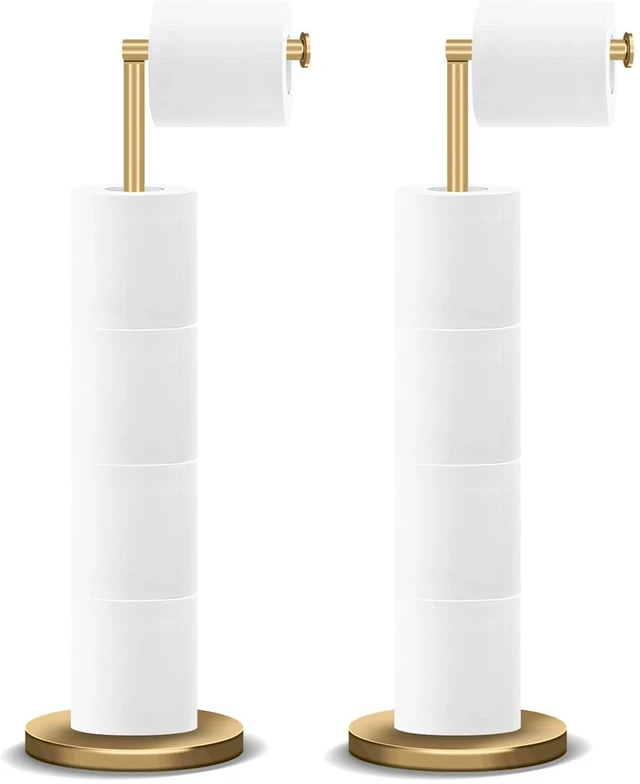 Main image of Toilet Paper Holder Stand, Bathroom Free Standing Toilet Paper Holder with Reserve Storage 3-4 Toilet Paper Rolls (Golden) (Pack of 2)