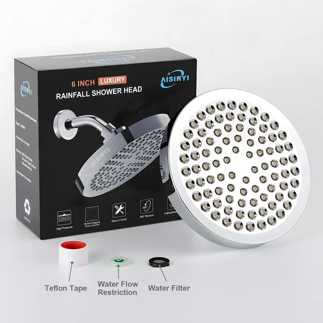 Alt view image 5 of 6 - 6" High Pressure Rain Shower Head, Luxury Polished Chrome Finish 6 Inch Fixed Bathroom Showerhead, Adjustable Replacement, 90 Anti-Clog Nozzles, Removable Restrictor, Tool-Free Easy Install