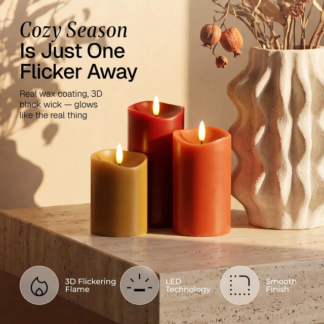 Alt view image 2 of 7 - Fall Decor, Fall Decorations for Home, Flameless Pillar Candles, Set of 3 Autumn Decor for Table, Room, Kitchen, Real Wax, Battery Operated, LED, Remote and Timer, Bordeaux, Terracotta & Caramel