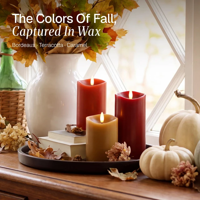 Alt view image 3 of 7 - Fall Decor, Fall Decorations for Home, Flameless Pillar Candles, Set of 3 Autumn Decor for Table, Room, Kitchen, Real Wax, Battery Operated, LED, Remote and Timer, Bordeaux, Terracotta & Caramel