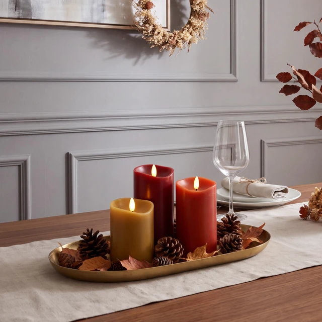 Alt view image 4 of 7 - Fall Decor, Fall Decorations for Home, Flameless Pillar Candles, Set of 3 Autumn Decor for Table, Room, Kitchen, Real Wax, Battery Operated, LED, Remote and Timer, Bordeaux, Terracotta & Caramel
