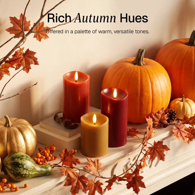 Alt view image 5 of 7 - Fall Decor, Fall Decorations for Home, Flameless Pillar Candles, Set of 3 Autumn Decor for Table, Room, Kitchen, Real Wax, Battery Operated, LED, Remote and Timer, Bordeaux, Terracotta & Caramel