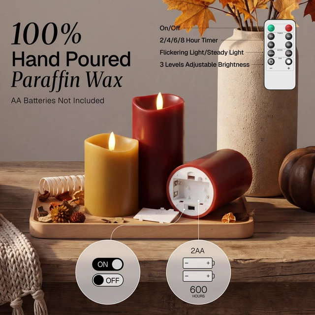 Alt view image 6 of 7 - Fall Decor, Fall Decorations for Home, Flameless Pillar Candles, Set of 3 Autumn Decor for Table, Room, Kitchen, Real Wax, Battery Operated, LED, Remote and Timer, Bordeaux, Terracotta & Caramel