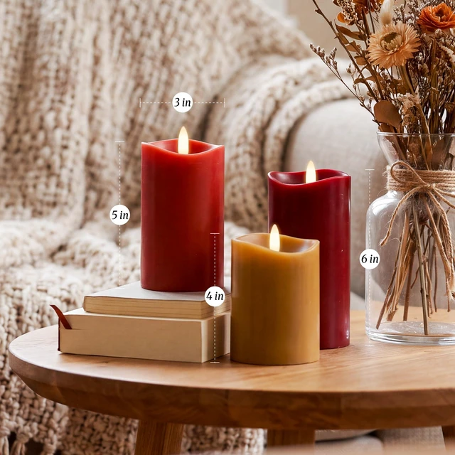 Alt view image 7 of 7 - Fall Decor, Fall Decorations for Home, Flameless Pillar Candles, Set of 3 Autumn Decor for Table, Room, Kitchen, Real Wax, Battery Operated, LED, Remote and Timer, Bordeaux, Terracotta & Caramel