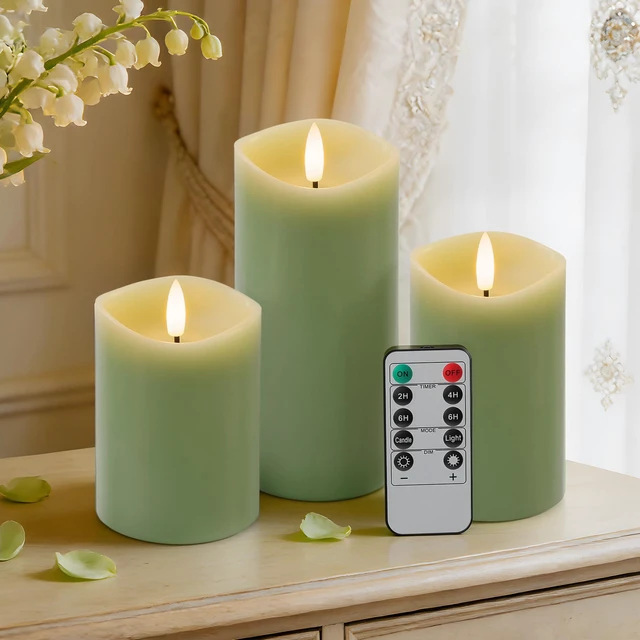 Main image of Pastel Green LED Real Wax Made Flameless Battery-Operated Pillar Candles Flameless Candles with Remote and Timer 3D Flickering Flame, Melted Edge, 3" x 4",5",6", Set of 3,600-Hour Battery Life