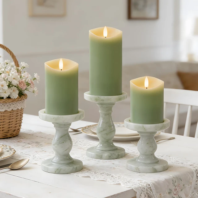 Alt view image 2 of 7 - Pastel Green LED Real Wax Made Flameless Battery-Operated Pillar Candles Flameless Candles with Remote and Timer 3D Flickering Flame, Melted Edge, 3" x 4",5",6", Set of 3,600-Hour Battery Life
