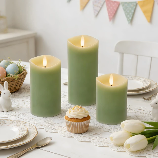 Alt view image 3 of 7 - Pastel Green LED Real Wax Made Flameless Battery-Operated Pillar Candles Flameless Candles with Remote and Timer 3D Flickering Flame, Melted Edge, 3" x 4",5",6", Set of 3,600-Hour Battery Life