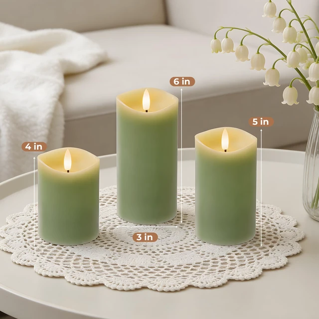 Alt view image 4 of 7 - Pastel Green LED Real Wax Made Flameless Battery-Operated Pillar Candles Flameless Candles with Remote and Timer 3D Flickering Flame, Melted Edge, 3" x 4",5",6", Set of 3,600-Hour Battery Life