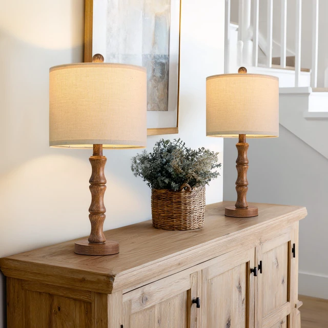 Main image of 20.5" Rustic Table Lamps Set of 2, Farmhouse Nightstand Lamp with Wood Grain Resin Base & Linen Shade, Small Bedside Lamp for Bedroom, Living Room & Apartment Décor- Ideal for Small Spaces