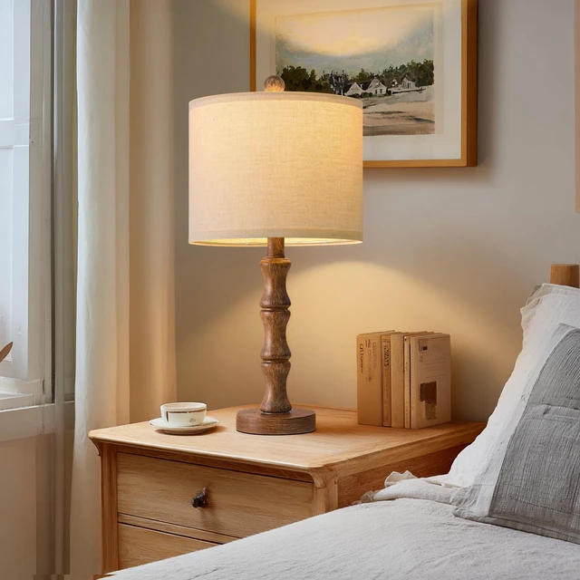 Alt view image 2 of 7 - 20.5" Rustic Table Lamps Set of 2, Farmhouse Nightstand Lamp with Wood Grain Resin Base & Linen Shade, Small Bedside Lamp for Bedroom, Living Room & Apartment Décor- Ideal for Small Spaces