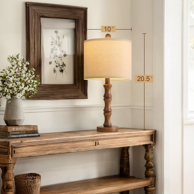 Alt view image 3 of 7 - 20.5" Rustic Table Lamps Set of 2, Farmhouse Nightstand Lamp with Wood Grain Resin Base & Linen Shade, Small Bedside Lamp for Bedroom, Living Room & Apartment Décor- Ideal for Small Spaces