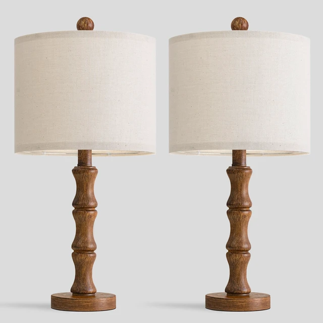 Alt view image 7 of 7 - 20.5" Rustic Table Lamps Set of 2, Farmhouse Nightstand Lamp with Wood Grain Resin Base & Linen Shade, Small Bedside Lamp for Bedroom, Living Room & Apartment Décor- Ideal for Small Spaces