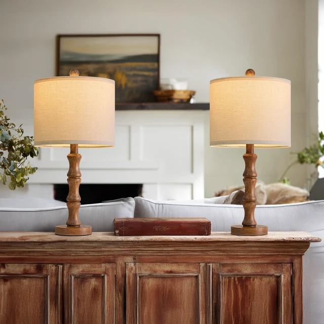 Alt view image 6 of 7 - 20.5" Rustic Table Lamps Set of 2, Farmhouse Nightstand Lamp with Wood Grain Resin Base & Linen Shade, Small Bedside Lamp for Bedroom, Living Room & Apartment Décor- Ideal for Small Spaces