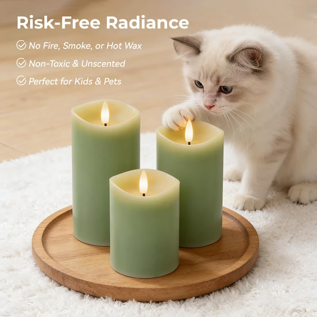 Alt view image 5 of 7 - Pastel Green LED Real Wax Made Flameless Battery-Operated Pillar Candles Flameless Candles with Remote and Timer 3D Flickering Flame, Melted Edge, 3" x 4",5",6", Set of 3,600-Hour Battery Life