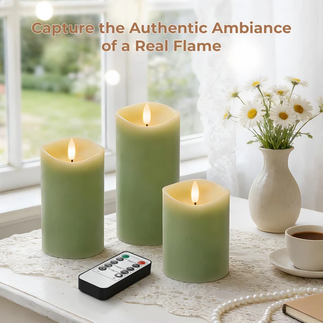 Alt view image 7 of 7 - Pastel Green LED Real Wax Made Flameless Battery-Operated Pillar Candles Flameless Candles with Remote and Timer 3D Flickering Flame, Melted Edge, 3" x 4",5",6", Set of 3,600-Hour Battery Life