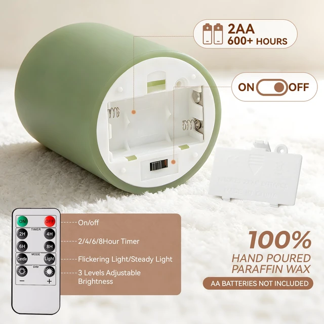 Alt view image 6 of 7 - Pastel Green LED Real Wax Made Flameless Battery-Operated Pillar Candles Flameless Candles with Remote and Timer 3D Flickering Flame, Melted Edge, 3" x 4",5",6", Set of 3,600-Hour Battery Life