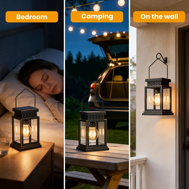 Alt view image 4 of 7 - 2 Pack Farmhouse Solar Lanterns,Glass Solar Lights Bulb,Outdoor Waterproof Upgraded Solar and 2 AA Batteries Powered, for Outside Porch, Patio and Indoor Tables, Mantelpiece
