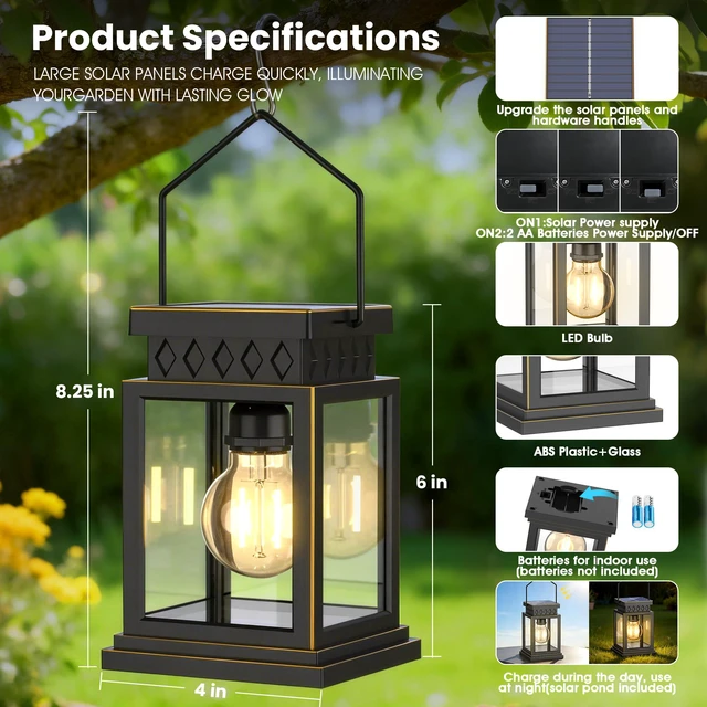 Alt view image 6 of 7 - 2 Pack Farmhouse Solar Lanterns,Glass Solar Lights Bulb,Outdoor Waterproof Upgraded Solar and 2 AA Batteries Powered, for Outside Porch, Patio and Indoor Tables, Mantelpiece