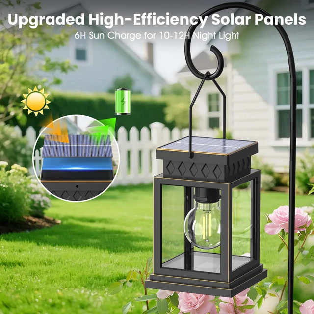 Alt view image 7 of 7 - 2 Pack Farmhouse Solar Lanterns,Glass Solar Lights Bulb,Outdoor Waterproof Upgraded Solar and 2 AA Batteries Powered, for Outside Porch, Patio and Indoor Tables, Mantelpiece