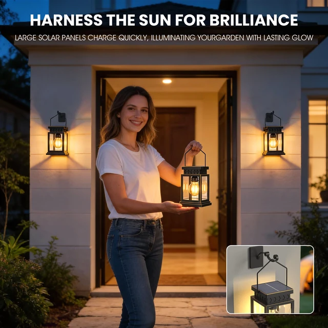 Alt view image 5 of 7 - 2 Pack Farmhouse Solar Lanterns,Glass Solar Lights Bulb,Outdoor Waterproof Upgraded Solar and 2 AA Batteries Powered, for Outside Porch, Patio and Indoor Tables, Mantelpiece