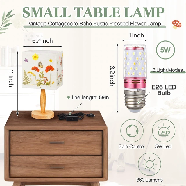 Alt view image 2 of 7 - Pressed Flower Vintage Table Lamp,Square Cottagecore Boho Rustic Night Light, Gift Box Packed Decorative Lamp, Ideal Gift for Women on Mother's Day