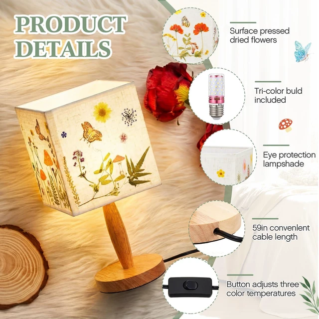 Alt view image 3 of 7 - Pressed Flower Vintage Table Lamp,Square Cottagecore Boho Rustic Night Light, Gift Box Packed Decorative Lamp, Ideal Gift for Women on Mother's Day