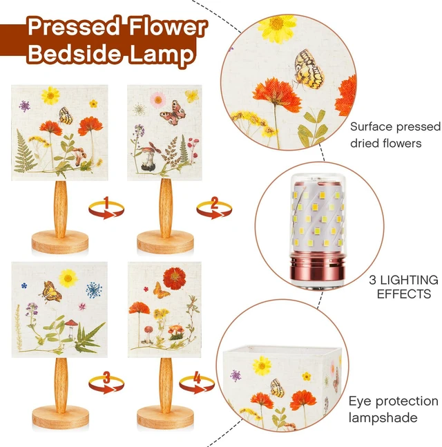 Alt view image 4 of 7 - Pressed Flower Vintage Table Lamp,Square Cottagecore Boho Rustic Night Light, Gift Box Packed Decorative Lamp, Ideal Gift for Women on Mother's Day