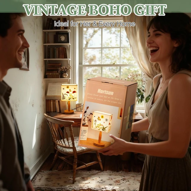 Alt view image 6 of 7 - Pressed Flower Vintage Table Lamp,Square Cottagecore Boho Rustic Night Light, Gift Box Packed Decorative Lamp, Ideal Gift for Women on Mother's Day