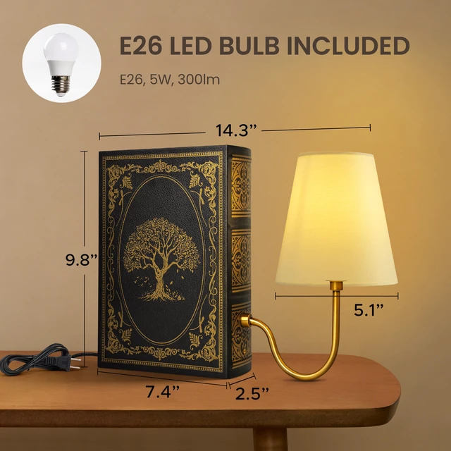 Alt view image 2 of 6 - Vintage Bookshelf Lamp with Bulb, 3-Color Touch Control Dimmable Table Lamp with Linen Shade, Modern Bookend Lamp for Bedroom, Office & Bookshelf Decor, Tree of Life Black & Gold