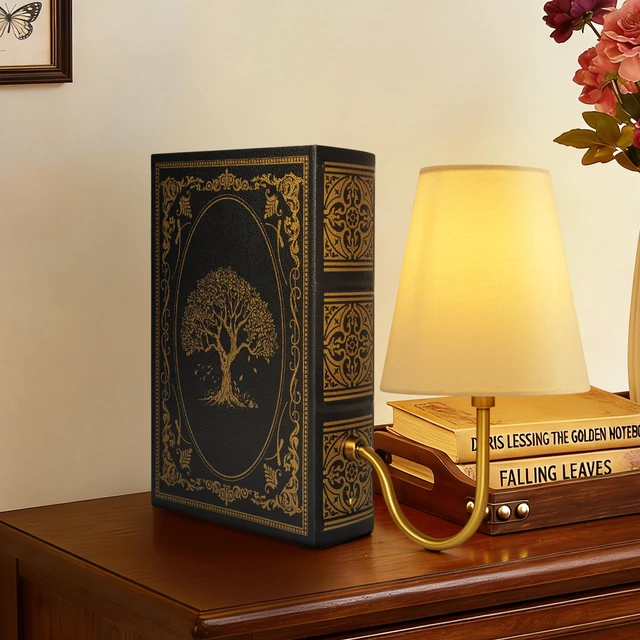 Alt view image 6 of 6 - Vintage Bookshelf Lamp with Bulb, 3-Color Touch Control Dimmable Table Lamp with Linen Shade, Modern Bookend Lamp for Bedroom, Office & Bookshelf Decor, Tree of Life Black & Gold