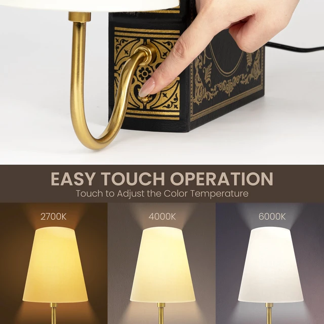 Alt view image 3 of 6 - Vintage Bookshelf Lamp with Bulb, 3-Color Touch Control Dimmable Table Lamp with Linen Shade, Modern Bookend Lamp for Bedroom, Office & Bookshelf Decor, Tree of Life Black & Gold