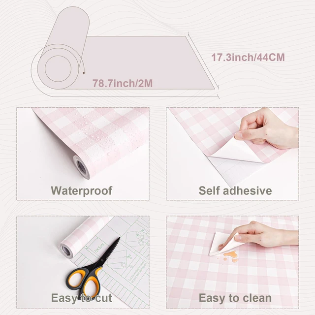 Alt view image 5 of 7 - Pink Peel and Stick Wallpaper Gingham Checkered 17.3''×393'' Pink Plaid Contact Paper for Cabinets Self Adhesive Removable Wallpaper Waterproof Bathroom Bedroom Nursery Cute Wall Decor