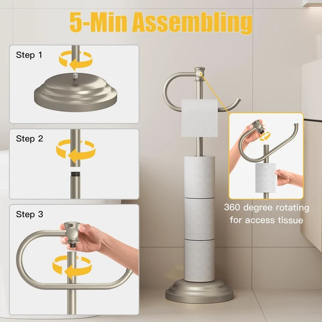 Alt view image 3 of 7 - Toilet Paper Holder Floor Stand, Bathroom Freestanding Nickel Toilet Tissue Roll Holder, Free Standing Rack with Storage, Weighted Base Accessories, SUS304 Stainless Steel Rustproof