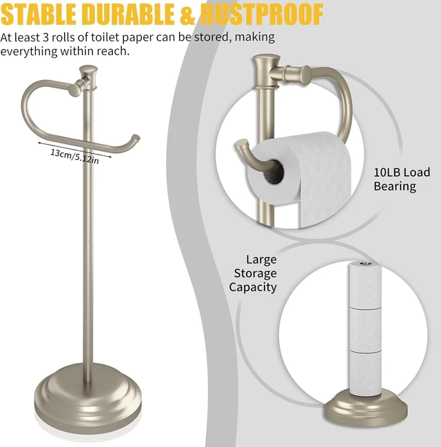 Alt view image 4 of 7 - Toilet Paper Holder Floor Stand, Bathroom Freestanding Nickel Toilet Tissue Roll Holder, Free Standing Rack with Storage, Weighted Base Accessories, SUS304 Stainless Steel Rustproof
