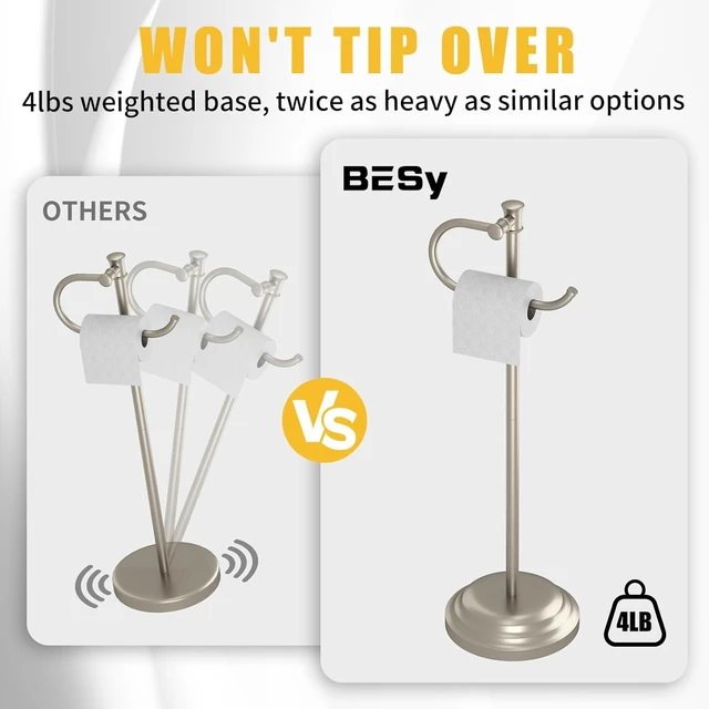 Alt view image 5 of 7 - Toilet Paper Holder Floor Stand, Bathroom Freestanding Nickel Toilet Tissue Roll Holder, Free Standing Rack with Storage, Weighted Base Accessories, SUS304 Stainless Steel Rustproof