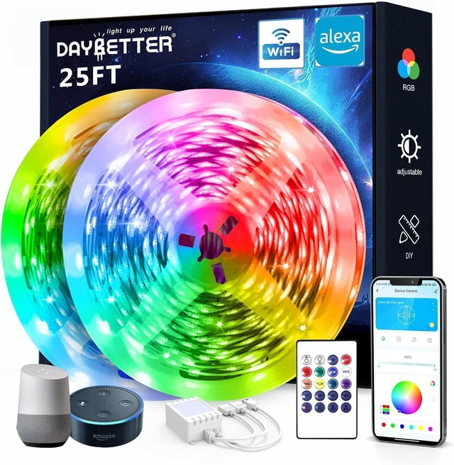Main image of Smart WiFi Led Lights, 25 FT RGB Led Strip Lights Compatible with Alexa and Google Assistant, App Voice Remote Control Music Sync Color ChangingLED Strip Lighting for Bedroom Room Decor