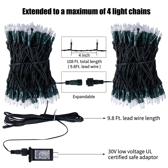 Alt view image 4 of 7 - 2 Pack Christmas Mini Lights, 75 Feet 200 LED Warm White String Lights 8 Light Modes Connectable Clear Bulbs Fairy Lights Plug in for Outdoor Indoor Xmas Trees Garland Wreath Holiday Decorations