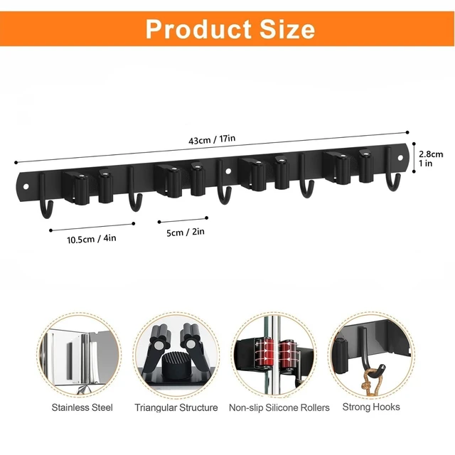 Alt view image 5 of 6 - 2 Pack Mop and Broom Holder Wall Mount for Kitchen Garden Garage Laundry Non-slip Broom Hanger Wall Mount, Stainless Steel, Heavy Duty Mop Broom Organizer, Black, 4R5H