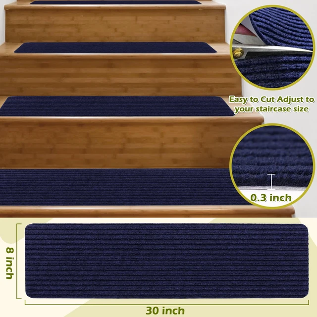 Alt view image 2 of 7 - Stair Treads for Wooden Steps 16 Pack 8"x30" Non-Slip Carpet Runner Indoor with TPE Backing & Reusable Adhesive Anti-Skid Safety Rug for Kids/Elder/Pet-Friendly Home Navy Blue