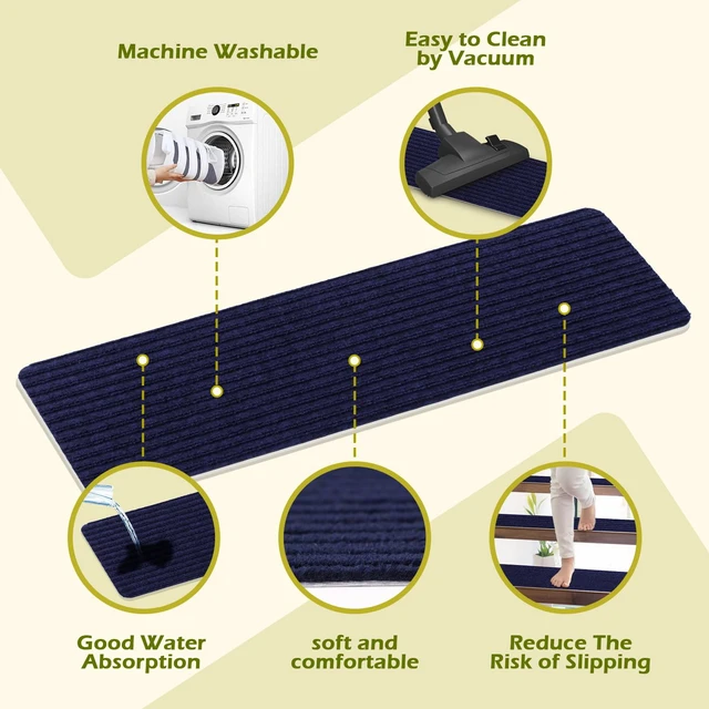 Alt view image 4 of 7 - Stair Treads for Wooden Steps 16 Pack 8"x30" Non-Slip Carpet Runner Indoor with TPE Backing & Reusable Adhesive Anti-Skid Safety Rug for Kids/Elder/Pet-Friendly Home Navy Blue