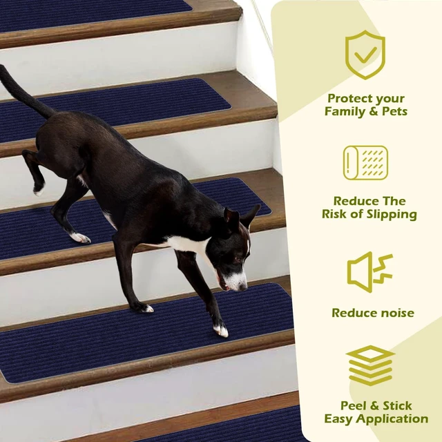 Alt view image 6 of 7 - Stair Treads for Wooden Steps 16 Pack 8"x30" Non-Slip Carpet Runner Indoor with TPE Backing & Reusable Adhesive Anti-Skid Safety Rug for Kids/Elder/Pet-Friendly Home Navy Blue
