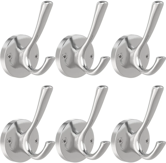 Main image of Brushed Nickel Wall Hooks, 6 Pack Coat Robe Hook Heavy Duty Metal Double Bath Hook Wall Mounted, Hand Towel Hooks for Cubicle Bathroom Kitchen Closet Garage