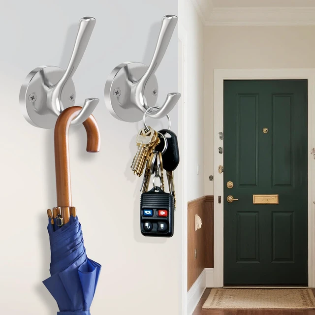 Alt view image 4 of 7 - Brushed Nickel Wall Hooks, 6 Pack Coat Robe Hook Heavy Duty Metal Double Bath Hook Wall Mounted, Hand Towel Hooks for Cubicle Bathroom Kitchen Closet Garage