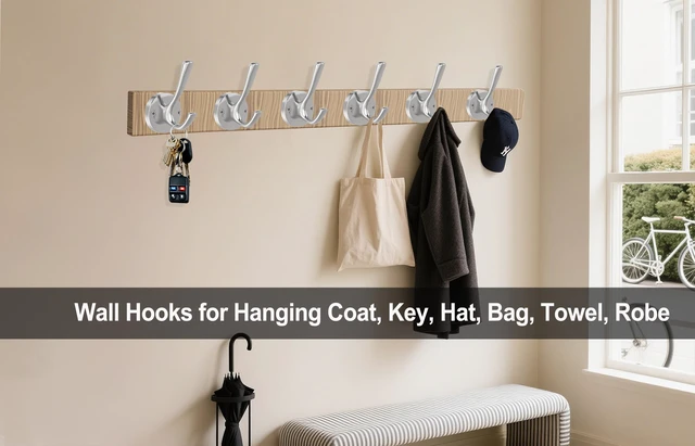 Alt view image 2 of 7 - Brushed Nickel Wall Hooks, 6 Pack Coat Robe Hook Heavy Duty Metal Double Bath Hook Wall Mounted, Hand Towel Hooks for Cubicle Bathroom Kitchen Closet Garage
