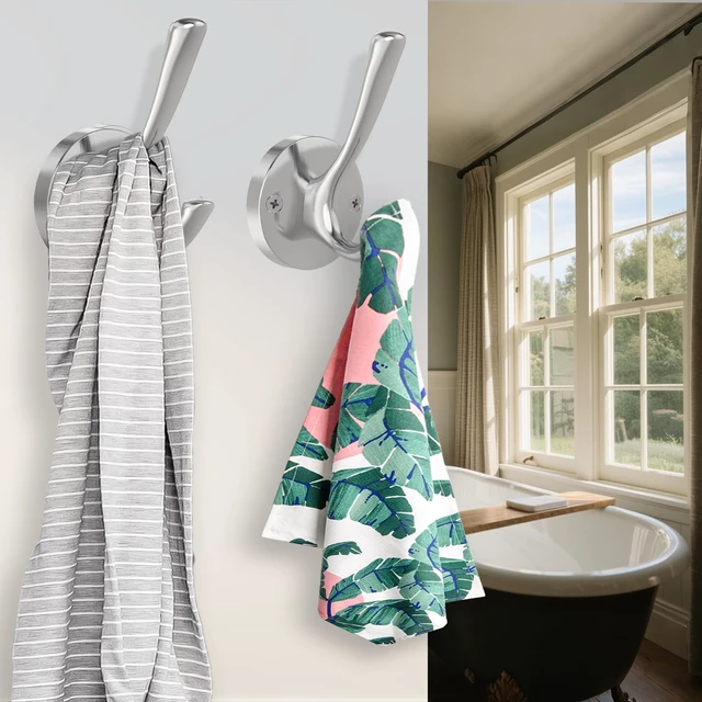 Alt view image 5 of 7 - Brushed Nickel Wall Hooks, 6 Pack Coat Robe Hook Heavy Duty Metal Double Bath Hook Wall Mounted, Hand Towel Hooks for Cubicle Bathroom Kitchen Closet Garage