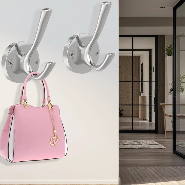 Alt view image 6 of 7 - Brushed Nickel Wall Hooks, 6 Pack Coat Robe Hook Heavy Duty Metal Double Bath Hook Wall Mounted, Hand Towel Hooks for Cubicle Bathroom Kitchen Closet Garage