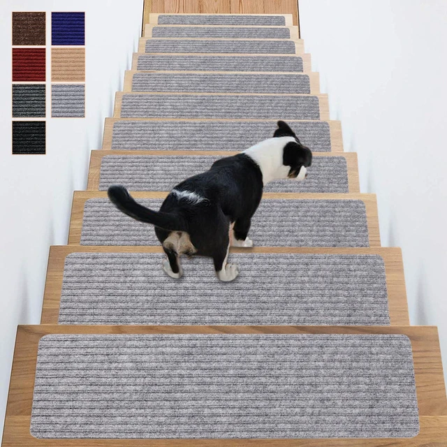 Main image of Carpet Stair Treads 16 Pack 8"x30" Non-Slip for Indoor Wooden Steps - TPE Backing & Anti-Skid Polyester Surface with Reusable Adhesive, Safety Runner Rug for Kids/Elder/Pet - Light Grey
