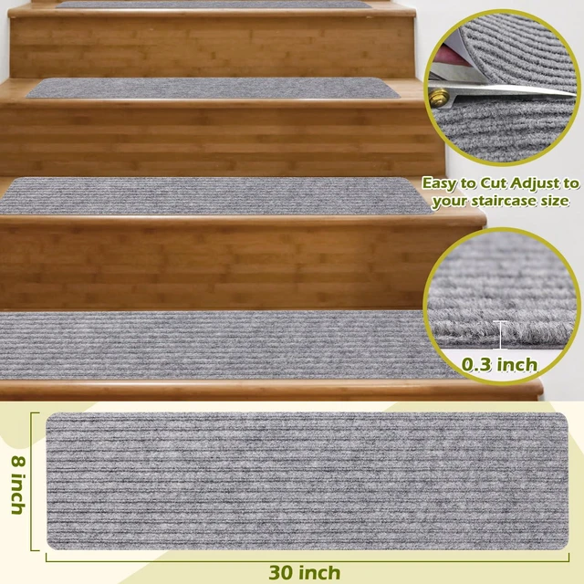 Alt view image 2 of 7 - Carpet Stair Treads 16 Pack 8"x30" Non-Slip for Indoor Wooden Steps - TPE Backing & Anti-Skid Polyester Surface with Reusable Adhesive, Safety Runner Rug for Kids/Elder/Pet - Light Grey